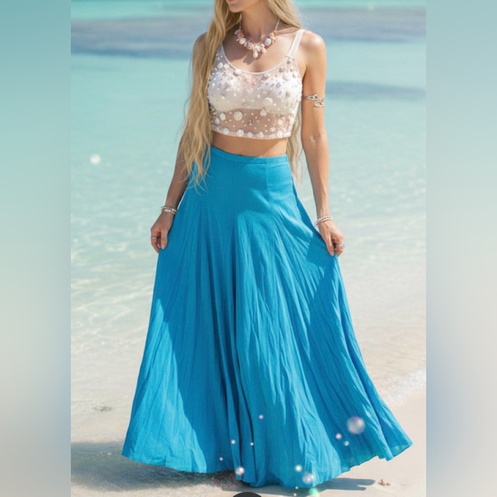 Blue Maxi Womens Skirt Sz‎ SMALL BOHEMIAN BEACHY SUMMER FAIRYCORE COTTAGECORE